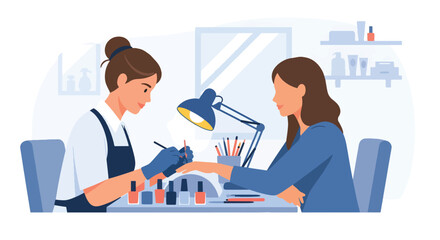 Flat vector of nail artist painting woman’s nails in beauty salon, self-care and personal grooming scene