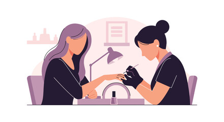 Flat vector of nail artist painting woman’s nails in beauty salon, self-care and personal grooming scene