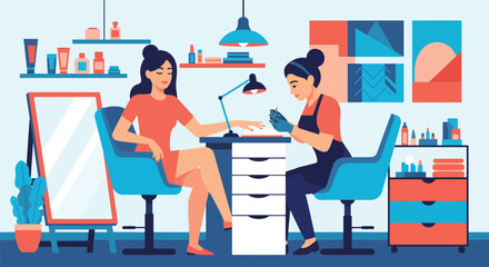 Flat vector of nail artist painting woman’s nails in beauty salon, self-care and personal grooming scene