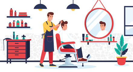 Flat vector of barber cutting man’s hair in modern barbershop, men’s grooming and style concept