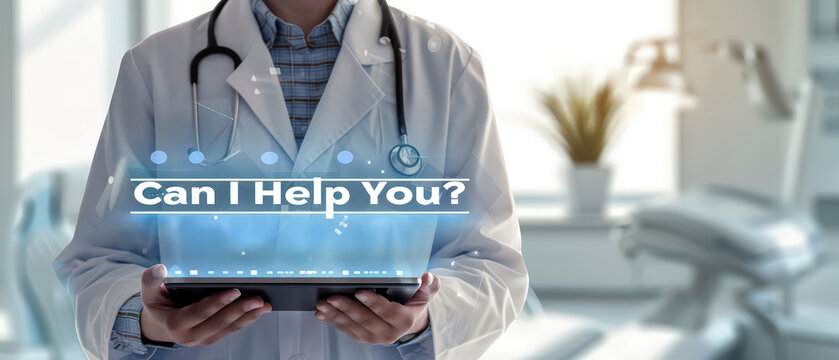 Medical professional holding tablet with glowing holographic text Can I Help You, symbolizing online health assistance, telemedicine, and digital healthcare service.