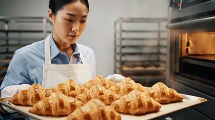 A baker removes freshly baked croissants from an oven, steam rising