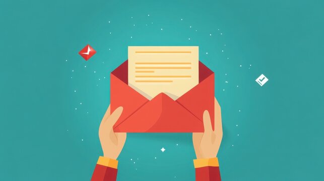 Illustration of hands holding an open red envelope with a letter on a teal background