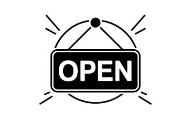 A black and white illustration of an open sign hanging in a window.