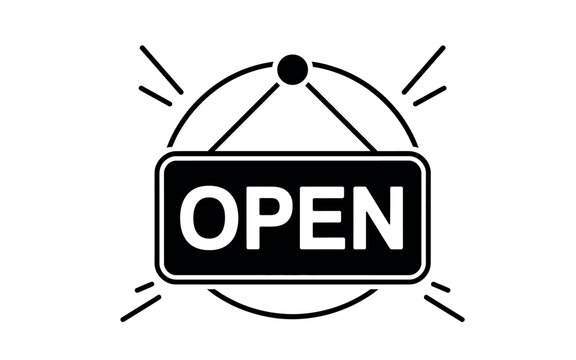 A black and white illustration of an open sign hanging in a window.