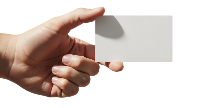 A hand holding a blank white card with fingers visible against a black and white background space