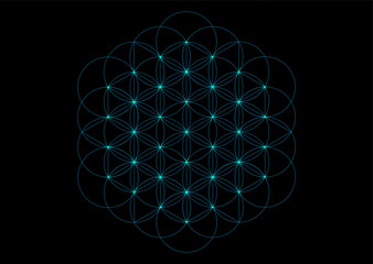 Spiritual Flower of Life, Yantra Mandala, blue neon effect seed of life, Sacred Geometry, bright symbol of harmony and balance. Mystical circle talisman, vector isolated on black background