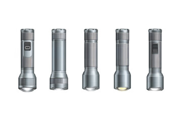 Set of five detailed silver metal flashlights with textured grips and lens elements in horizontal row isolated on transparent background