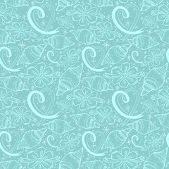 Winter Wonderland Seamless Pattern with Snowflakes, Hearts, Bows and Croissants in White on Light Green Background. Perfect for Christmas wrapping paper, holiday textiles, or winter stationery.
