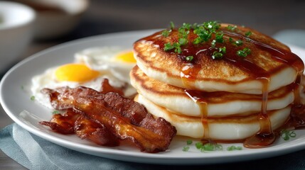 Three fluffy pancakes topped with crispy bacon, fresh strawberries, and syrup, served alongside sunny-side-up eggs and more bacon