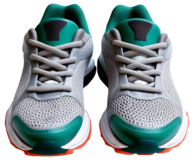 Professional photo of sports running shoes, white and neon design, realistic texture and shadows, symmetrical setting, transparent background.