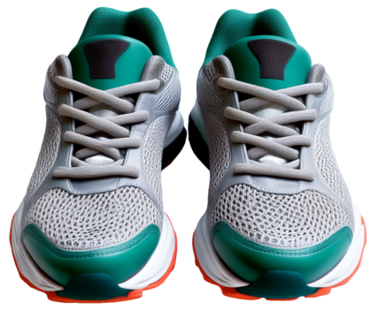 Professional photo of sports running shoes, white and neon design, realistic texture and shadows, symmetrical setting, transparent background.