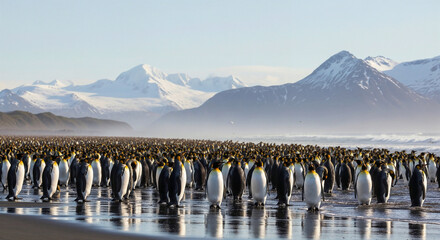 King penguin colony gathering on icy beach with snow-covered mountains