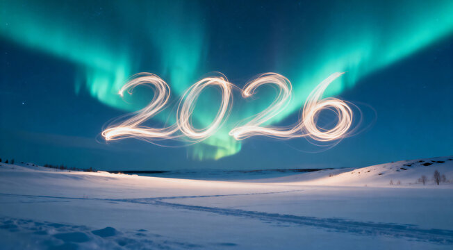 The year 2026 written in glowing light trails under the majestic green Aurora Borealis (Northern Lights) over a vast, snow-covered arctic landscape.