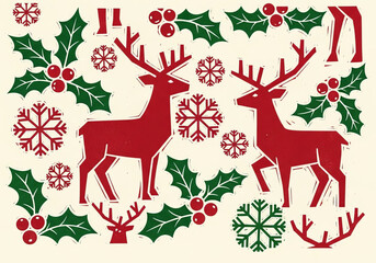 Festive Christmas Reindeer and Holly Woodcut Pattern