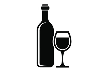 Vector illustration wine bottle and glass, black silhouette style