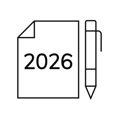 icons. 2026. a collection of minimalist icons depicting the year 2026, integrated into various themes such as documents, devices, graphics, people, communications, and technology.	
