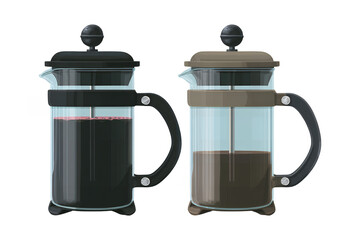 Two glass french press coffee makers side-by-side showing coffee preparation and contents isolated on transparent background