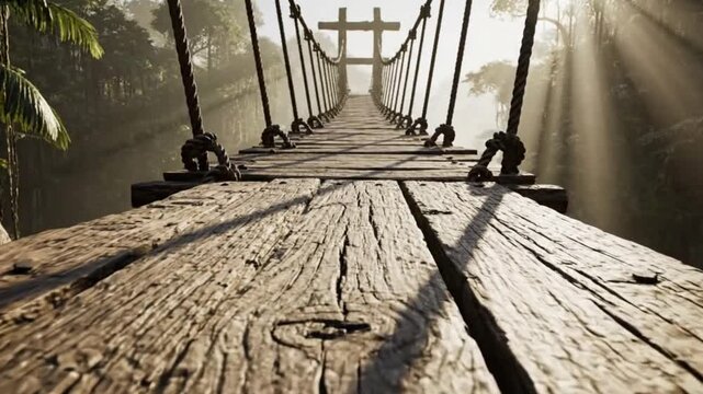 Sunlit Rope Suspension Bridge Over Foggy Jungle Canyon Adventure
