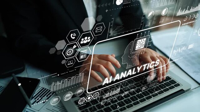 Modern Businessman Using Laptop for AI Analytics with Graphical Data Visualization Overlay. Asymptotic smart data analytic.