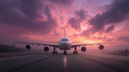 Obraz premium An airplane on a runway at sunset
