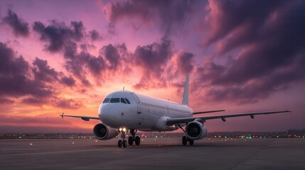 An airplane on a runway at sunset