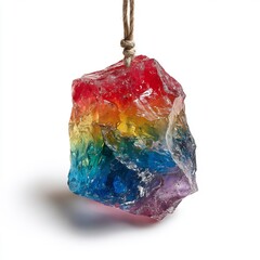 Single piece of rock candy on a string multi colored like a rainbow crystalline structure isolated on a plain white background