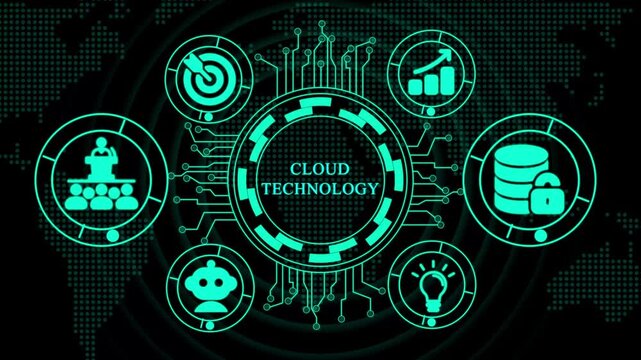 Cloud technology concept with icons and world map background Keywords: cloud technology, cloud. Business, Technology ,Internet and network concept.