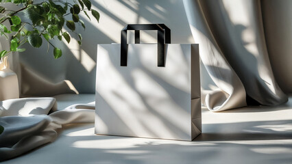 Minimal shopping bag mockup with natural sunlight and soft fabric, elegant packaging scene