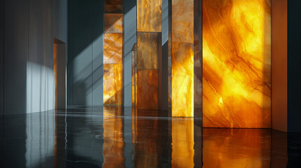 Modern interior design featuring illuminated translucent amber stone panels casting reflections on polished dark marble flooring in a minimalist architectural space