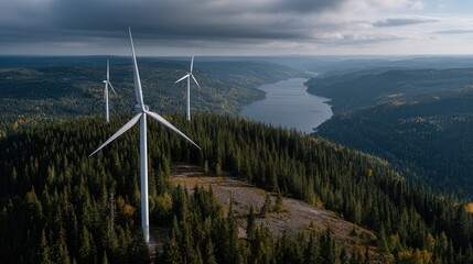 aerial view of a wind farm at sunset