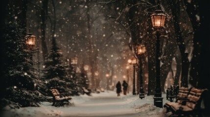 Winter evening in park deep and atmospheric photography snowfall alley illuminated by warm light of vintage lanterns silhouettes of people walking creating mystical and cozy mood