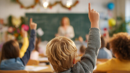 Young students eagerly raising their hands to answer questions during an interactive lesson in a lively elementary classroom setting with a teacher in front