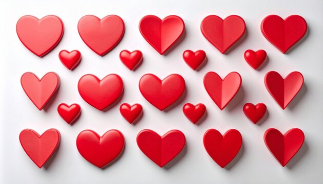Glossy red hearts arranged in grid on white background, symmetrical layout, symbolizing love and unity.