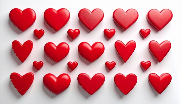 Glossy red hearts arranged in grid on white background, symmetrical layout, symbolizing love and unity.