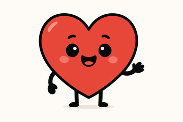 Cute cartoon red heart character waving hello with a happy face and rosy cheeks
