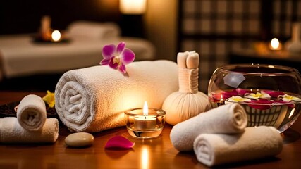 Cozy spa setting with candles and towels, evoking relaxation and tranquility - Powered by Adobe