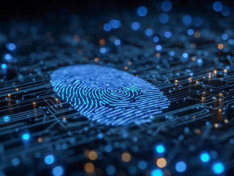 Digital fingerprint illuminated in neon blue on futuristic circuit board representing biometric security and advanced technological identification systems in cyberspace