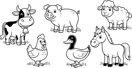 Obraz premium Farm animals cartoon vector set including cow pig sheep chicken duck and horse in black and white line art style
