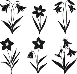 Collection of elegant black floral silhouettes depicting delicate bell-shaped flowers and star-like blooms with leafy stems