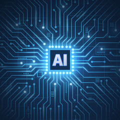 Blue circuit board with AI chip. Artificial intelligence, Digital memory, Deep neural network education technology, Brain connect, AI data analysis, Futuristic tech concept

