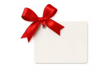 Blank gift tag with red satin ribbon bow, perfect for holiday greetings, celebration messages, or sale promotions