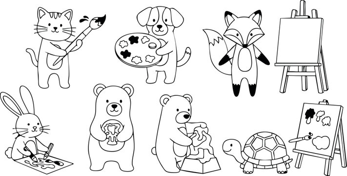 Cute animal characters painting and drawing creative art vector illustration set with cat dog fox bear rabbit turtle and easel