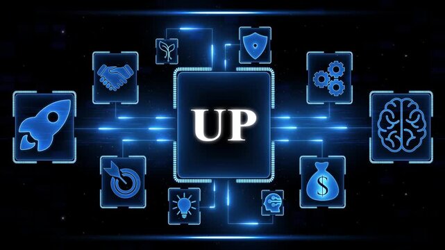 Digital network connection with U P text at center surrounded by icons representing startup growth security innovation finance and teamwork on dark background with blue light streaks