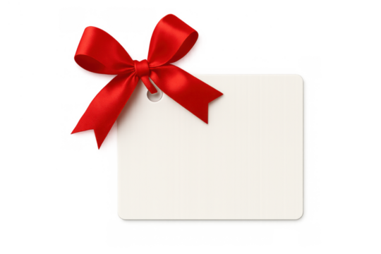 Blank gift tag with red satin ribbon bow, perfect for holiday greetings, celebration messages, or sale promotions