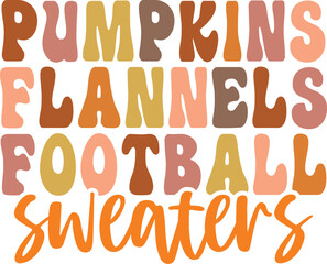 Pumpkins Flannels Football Sweaters Fall autumn typography clip art design on plain white transparent isolated background for card, shirt, hoodie, sweatshirt, apparel, tag, mug, icon, poster or badge
