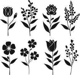 Elegant Botanical Collection Featuring Diverse Floral Silhouettes for Artistic Design and Decorative Applications