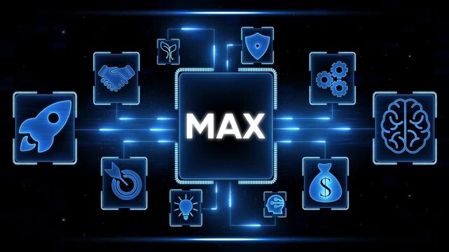 Digital network connecting abstract icons representing growth security innovation finance teamwork and success with central M A X text and glowing blue lines on dark background