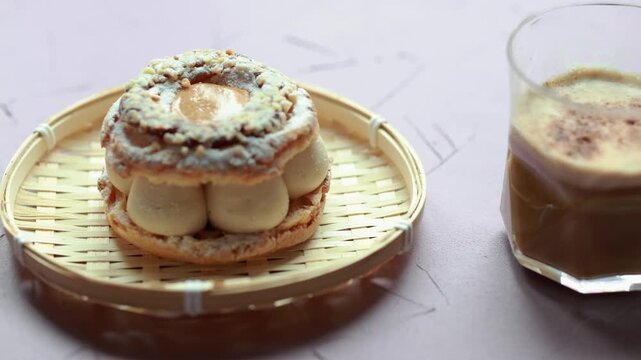 Close-Up of Pistachio and Pumpkin Christmas Paris-Brest Dessert