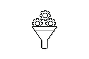 Three interconnected gears are placed on top of a monochrome funnel structure